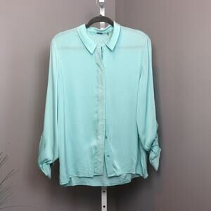 Elie Tahari Aqua Blue Silk‎ Blend Button Front Blouse Size L